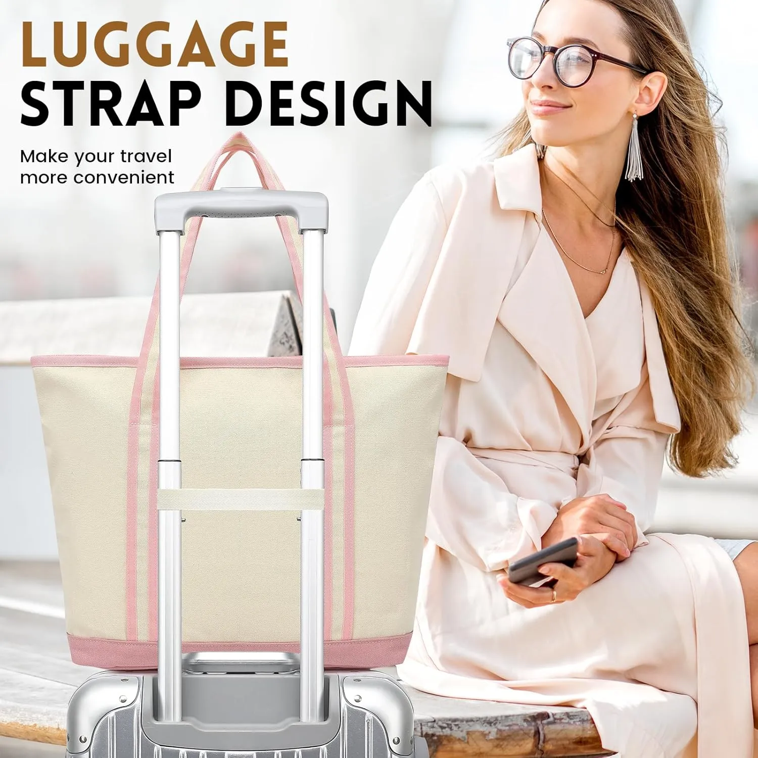 Large Canvas Tote Bag for Women, Utility Tote Bag with Zipper Closure, Everything Bag with 3 Front Pockets