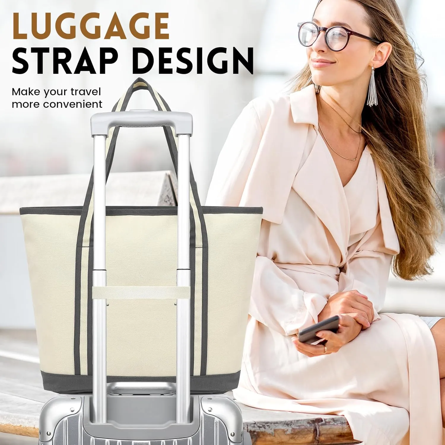 Large Canvas Tote Bag for Women, Utility Tote Bag with Zipper Closure, Everything Bag with 3 Front Pockets