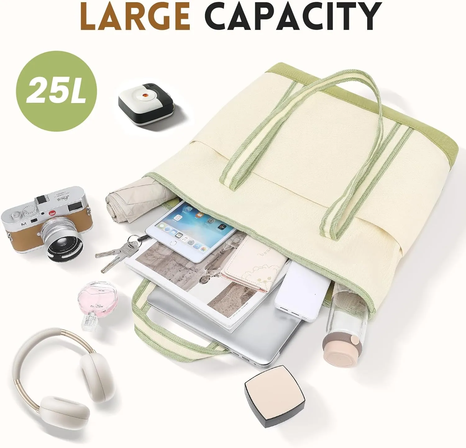 Large Canvas Tote Bag for Women, Utility Tote Bag with Zipper Closure, Everything Bag with 3 Front Pockets