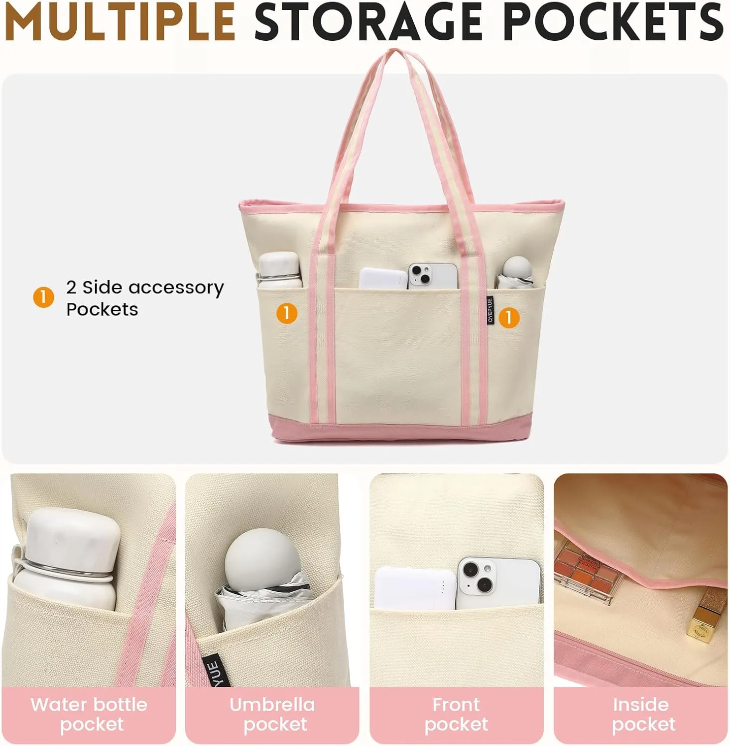 Large Canvas Tote Bag for Women, Utility Tote Bag with Zipper Closure, Everything Bag with 3 Front Pockets