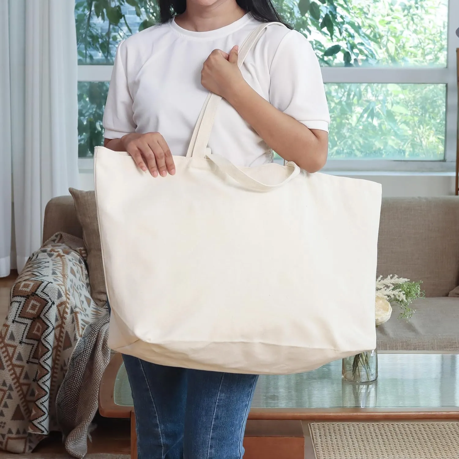 Large Sturdy Canvas Tote Bag -27" X 16" X 8" Extra Big Largest Grocery Shopping Beach Reusable Totes Bags