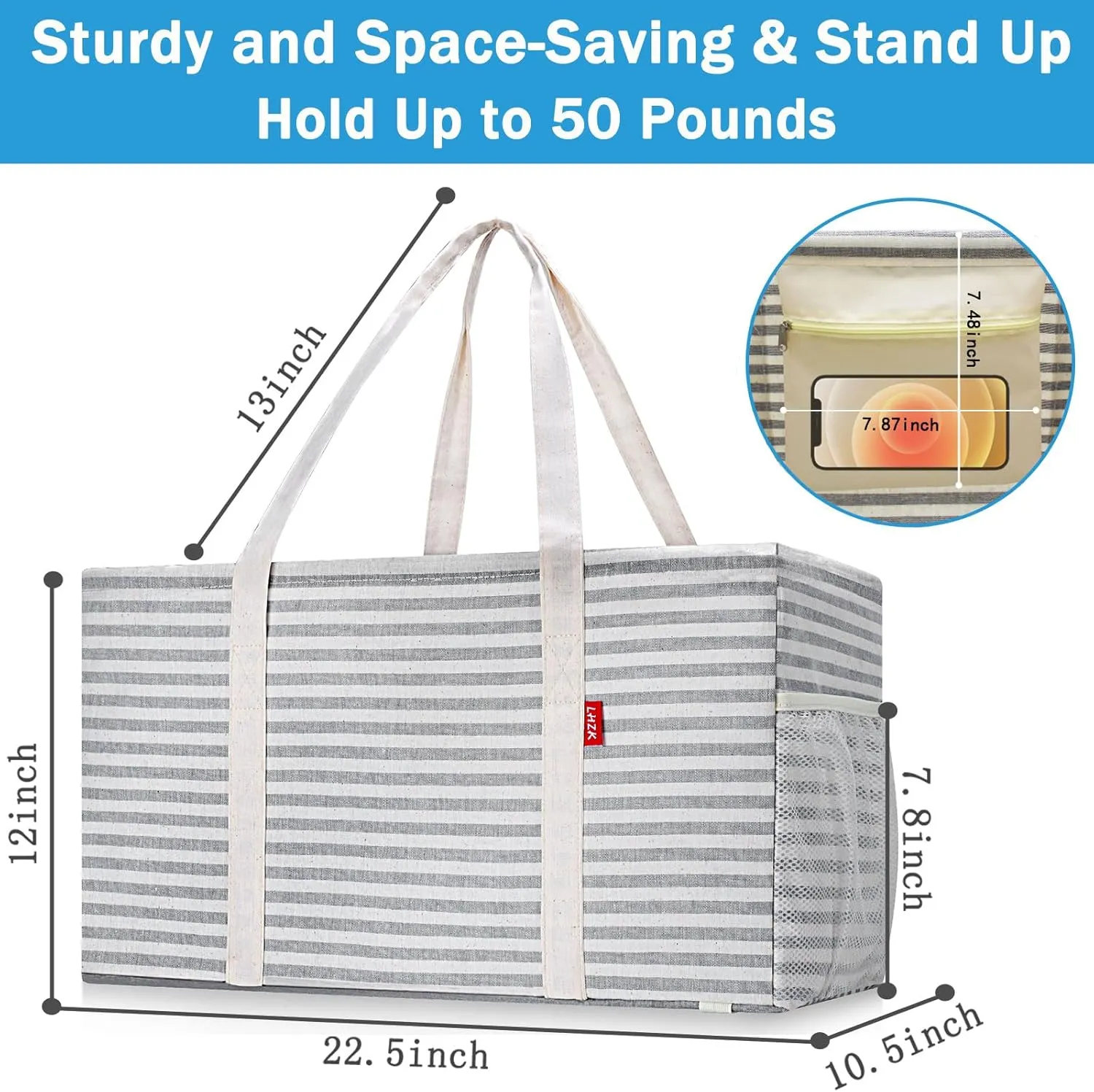 LHZK Standing Extra Large Utility Tote Bag with Metal Wire Frame and the Sides Rinforced, Extra Large Tote Bag with Handle, Reusable Grocery Bags Foldable, Beach Bag, Car Tote (Gray)