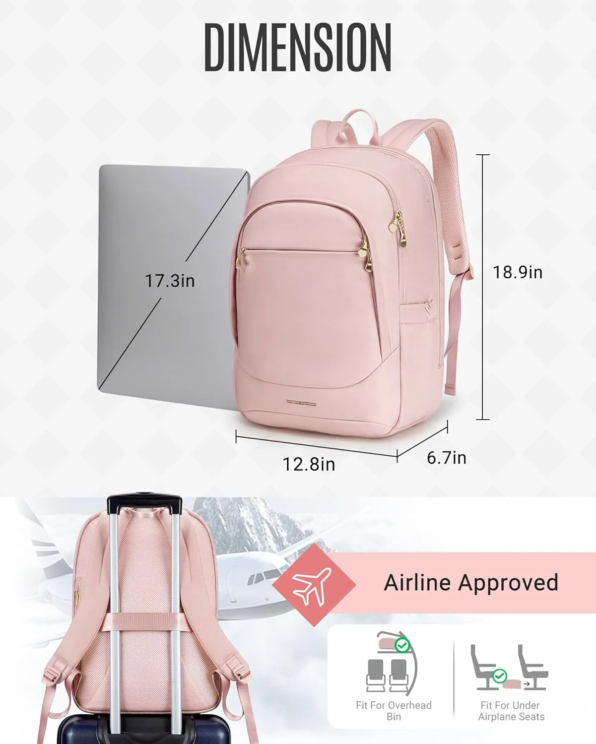 LIGHT FLIGHT Travel Laptop Backpacks for Women, 17.3 inches Laptop Backpack with USB Charging Hole, Water Resistant College Bookbag, Large Capacity Computer Backpacks for Work, Pink