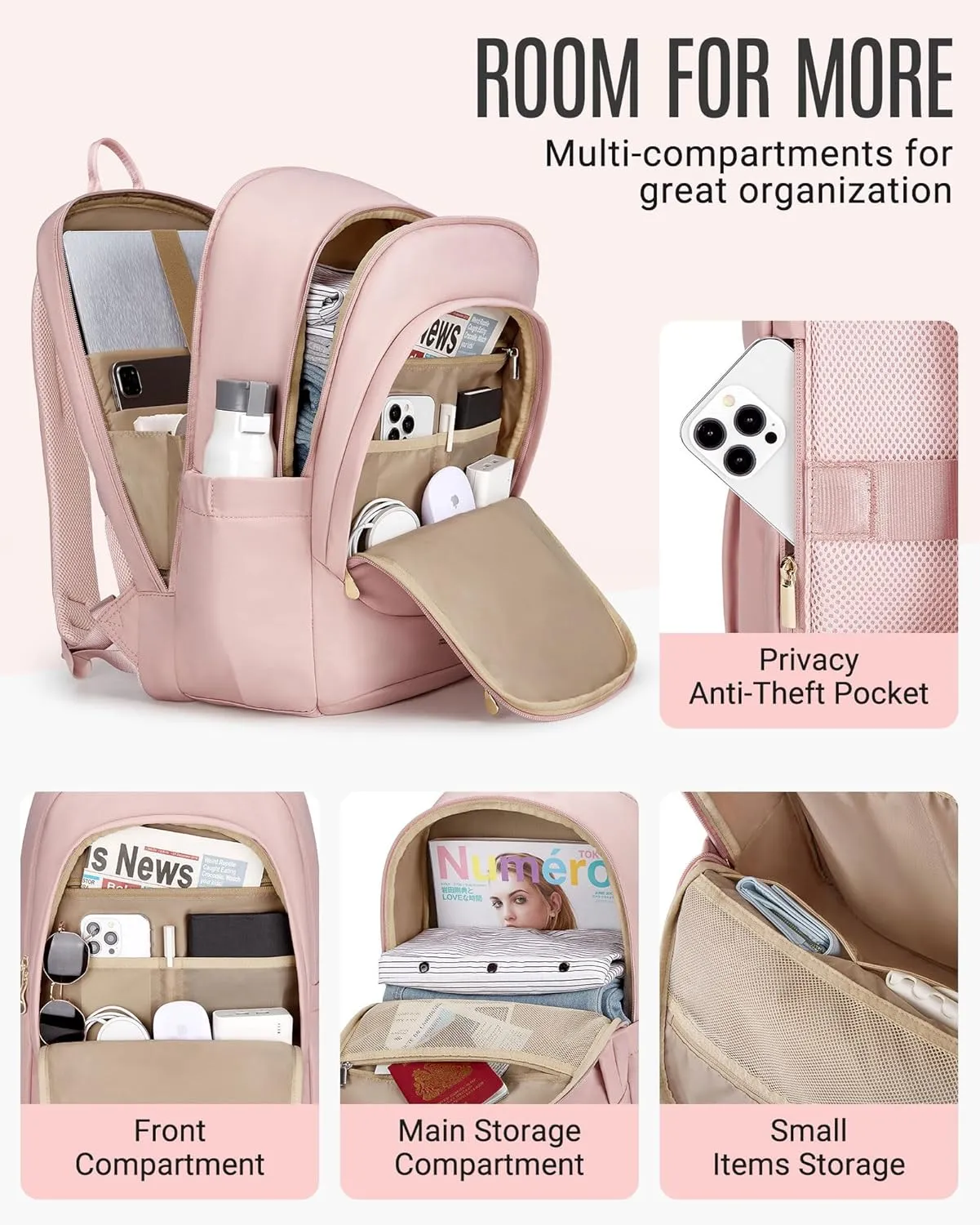LIGHT FLIGHT Travel Laptop Backpacks for Women, 17.3 inches Laptop Backpack with USB Charging Hole, Water Resistant College Bookbag, Large Capacity Computer Backpacks for Work, Pink