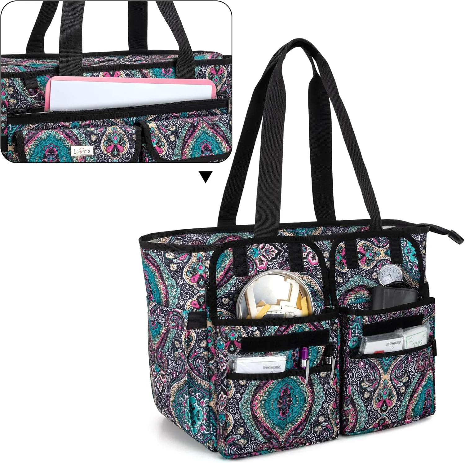 LoDrid Nurse Tote Bag with Bottom Padded Pad, Nurse Bags and Totes for Work with Large Compartment, Bag Only