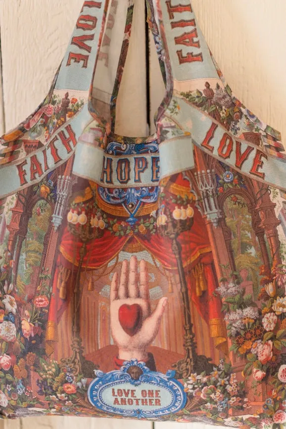 Love Language Heart and Floral Print Linen Tote Bag