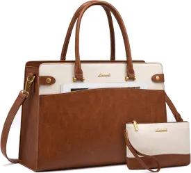 LOVEVOOK Laptop Bag for Women, Vintage Leather Laptop Tote Bag Work Bags for Women, Waterproof Computer Bag Business Office Briefcase Large Shoulder Handbag Purse, 17 Inch, Brown-Beige