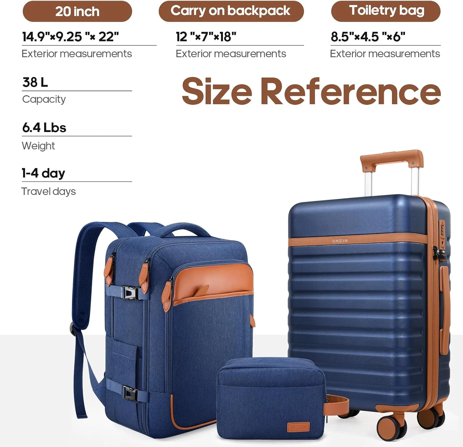 Luggage Sets 3 Piece, Carry On Luggage 20 Inch With Spinner Wheels,PC Hardside Suitcase Set with TSA Lock,Durable Carry On Suitcase With Travel Backpack for Men (Blue, 3 piece set (20inch))