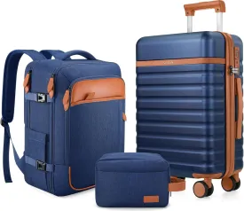 Luggage Sets 3 Piece, Carry On Luggage 20 Inch With Spinner Wheels,PC Hardside Suitcase Set with TSA Lock,Durable Carry On Suitcase With Travel Backpack for Men (Blue, 3 piece set (20inch))