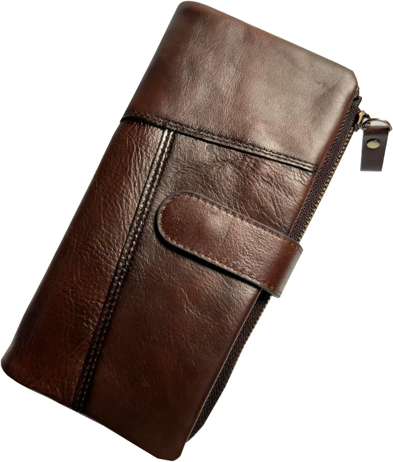 LUKZIJAES Vintage Long Wallet for Men Genuine Leather Zipper RFID Blocking Card Holder with Coin Pocket Mens Clutch Purse (#4-Coffee)