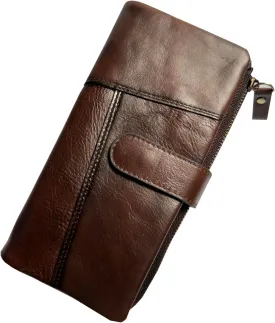 LUKZIJAES Vintage Long Wallet for Men Genuine Leather Zipper RFID Blocking Card Holder with Coin Pocket Mens Clutch Purse (#4-Coffee)
