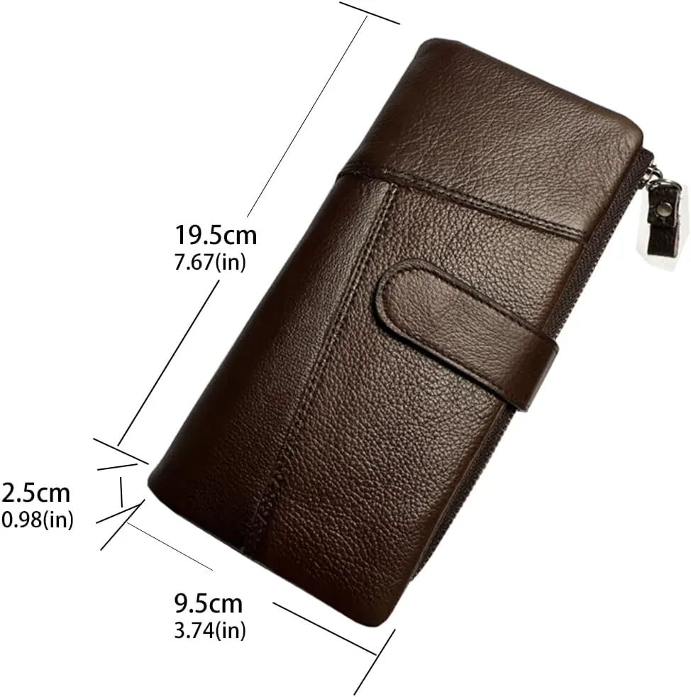 LUKZIJAES Vintage Long Wallet for Men Genuine Leather Zipper RFID Blocking Card Holder with Coin Pocket Mens Clutch Purse (#4-Coffee)