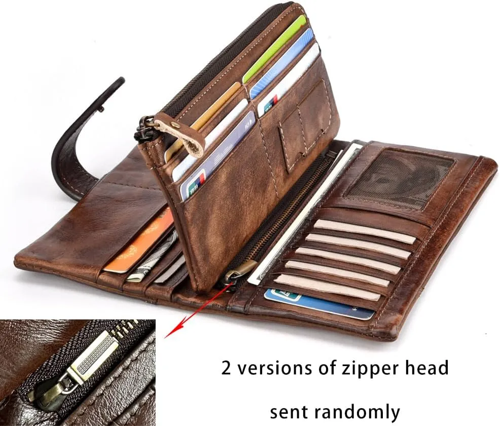 LUKZIJAES Vintage Long Wallet for Men Genuine Leather Zipper RFID Blocking Card Holder with Coin Pocket Mens Clutch Purse (#4-Coffee)