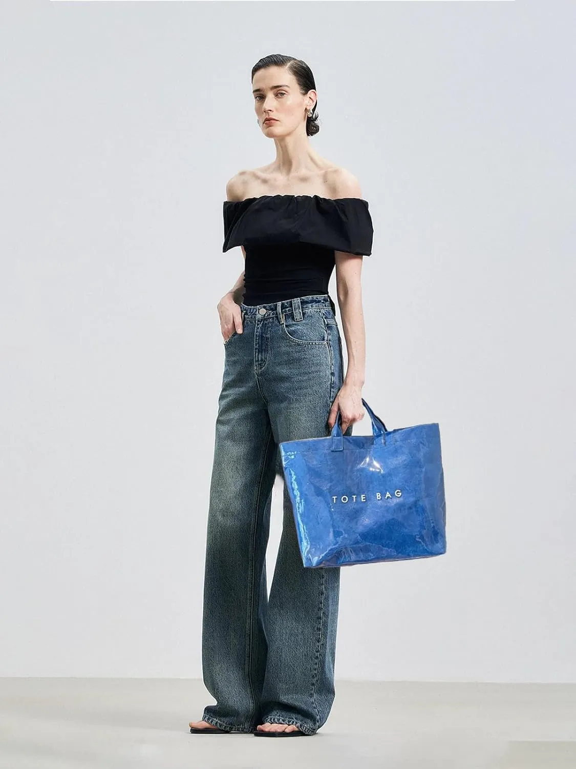 MINGRI Large Tote Bags for Women PVC Clear Totes Bag Plastic Carry All Bag Kraft Paper Shoulder Handbag Hobo for Work Travel