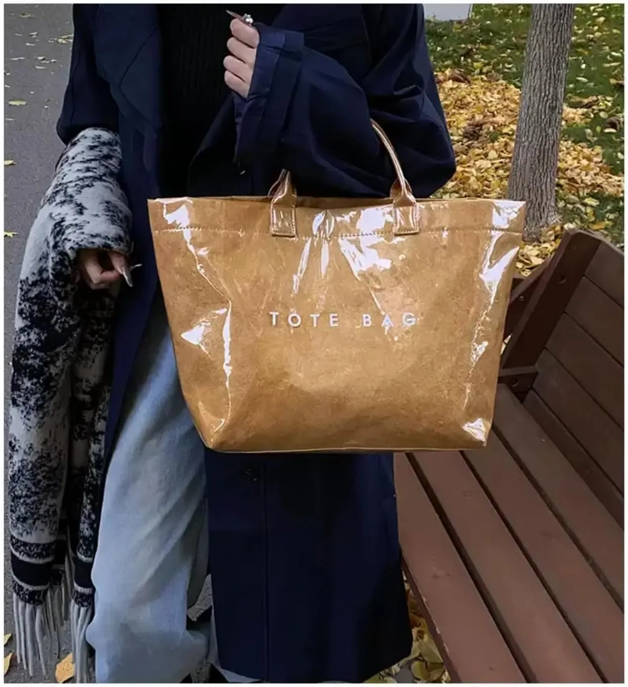 MINGRI Large Tote Bags for Women PVC Clear Totes Bag Plastic Carry All Bag Kraft Paper Shoulder Handbag Hobo for Work Travel