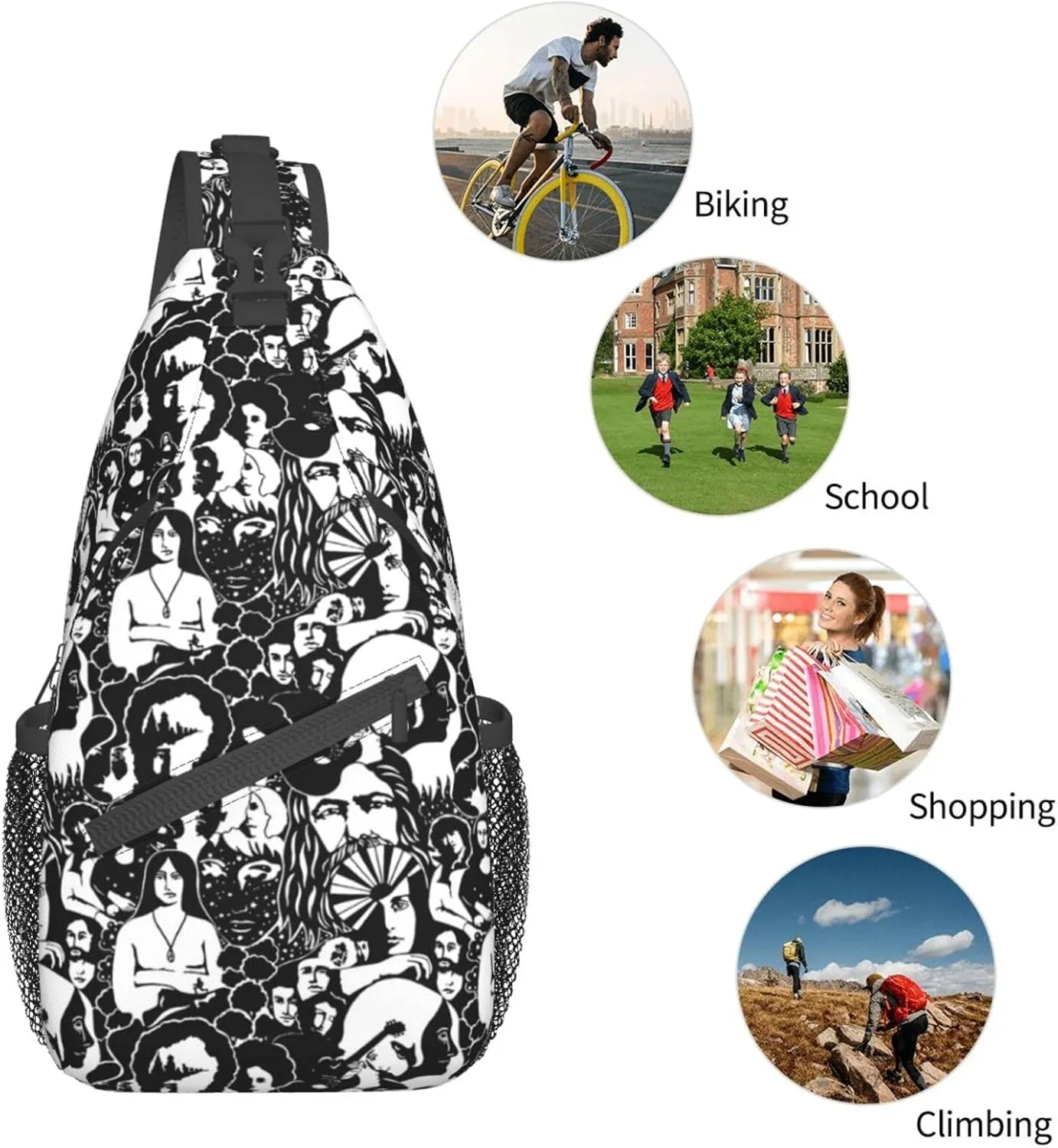 Modern Black and White Art Prints Faces Designer Sling Backpack Crossbody Sling Bag Casual Chest Bags Travel Hiking Daypack Shoulder Bag for Women Men