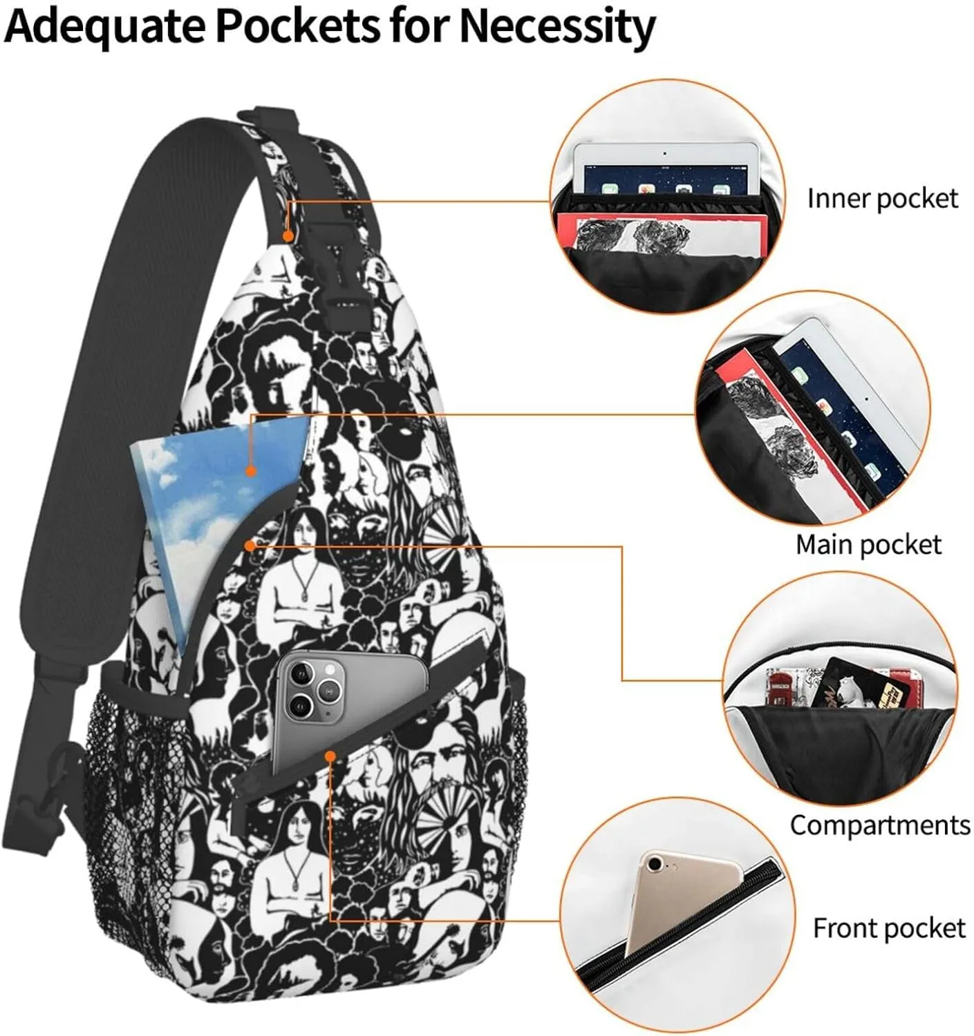 Modern Black and White Art Prints Faces Designer Sling Backpack Crossbody Sling Bag Casual Chest Bags Travel Hiking Daypack Shoulder Bag for Women Men