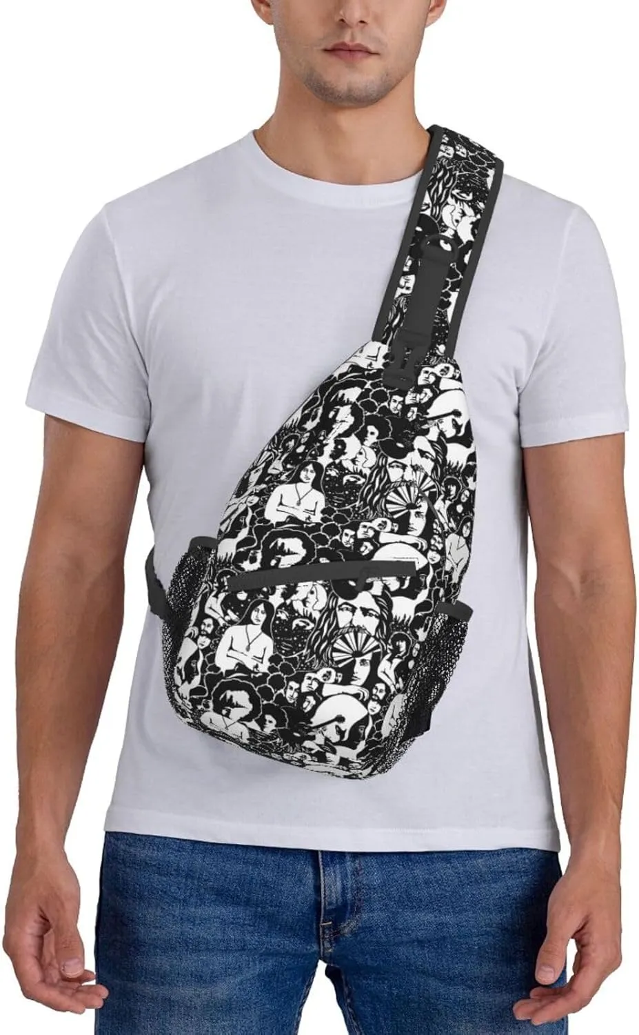 Modern Black and White Art Prints Faces Designer Sling Backpack Crossbody Sling Bag Casual Chest Bags Travel Hiking Daypack Shoulder Bag for Women Men