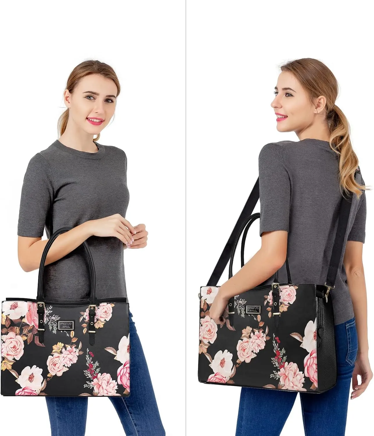 MOSISO Laptop Tote Bag Compatible with MacBook, 17-17.3 inch Notebook and Chromebook, Peony Waterproof PU Leather Travel Work Briefcase with Adjustable PU Handle, Black