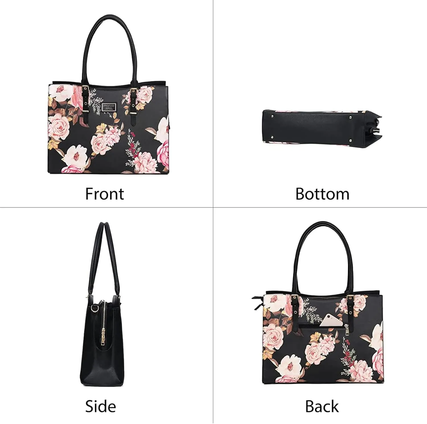 MOSISO Laptop Tote Bag Compatible with MacBook, 17-17.3 inch Notebook and Chromebook, Peony Waterproof PU Leather Travel Work Briefcase with Adjustable PU Handle, Black