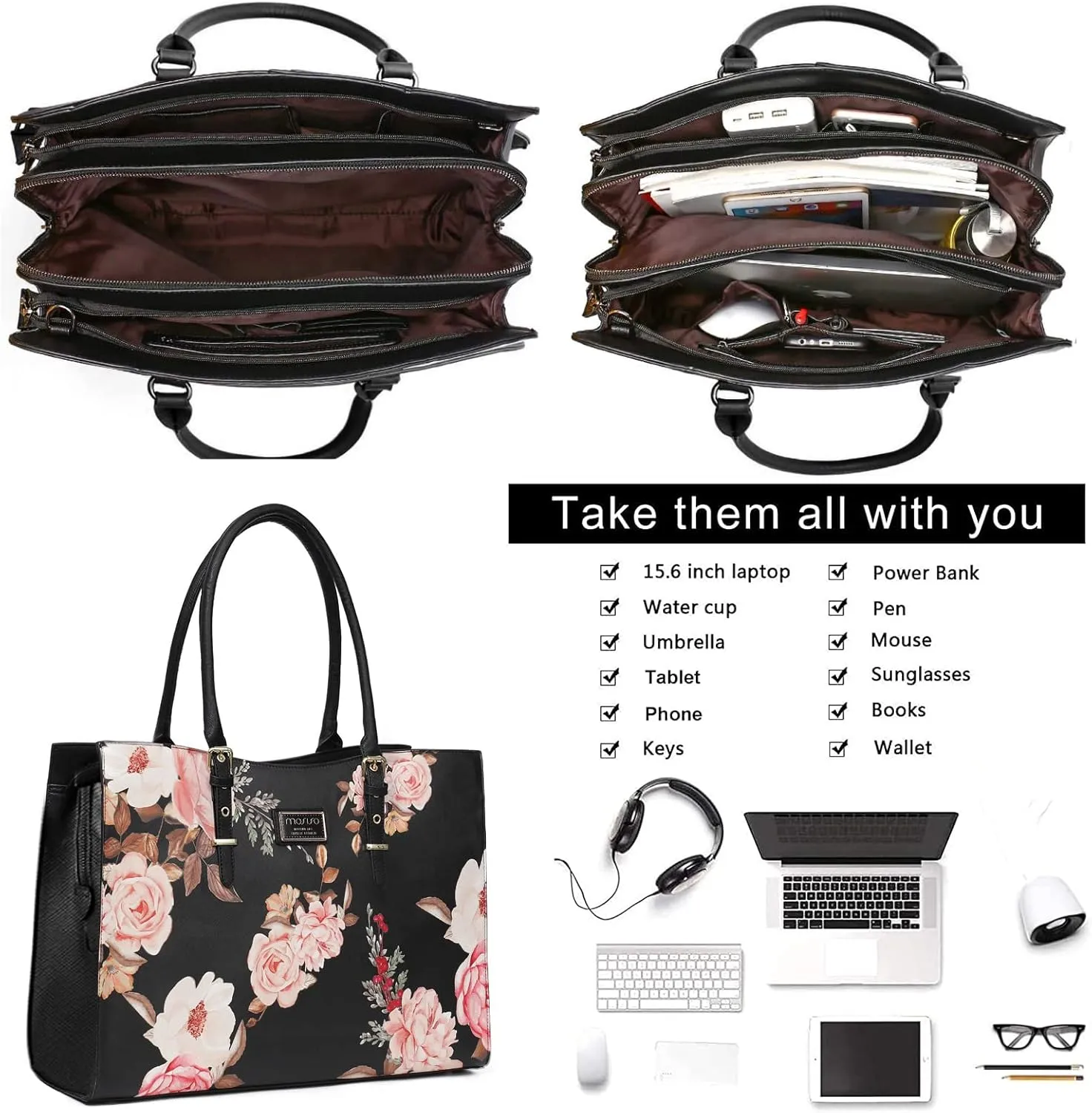 MOSISO Laptop Tote Bag Compatible with MacBook, 17-17.3 inch Notebook and Chromebook, Peony Waterproof PU Leather Travel Work Briefcase with Adjustable PU Handle, Black