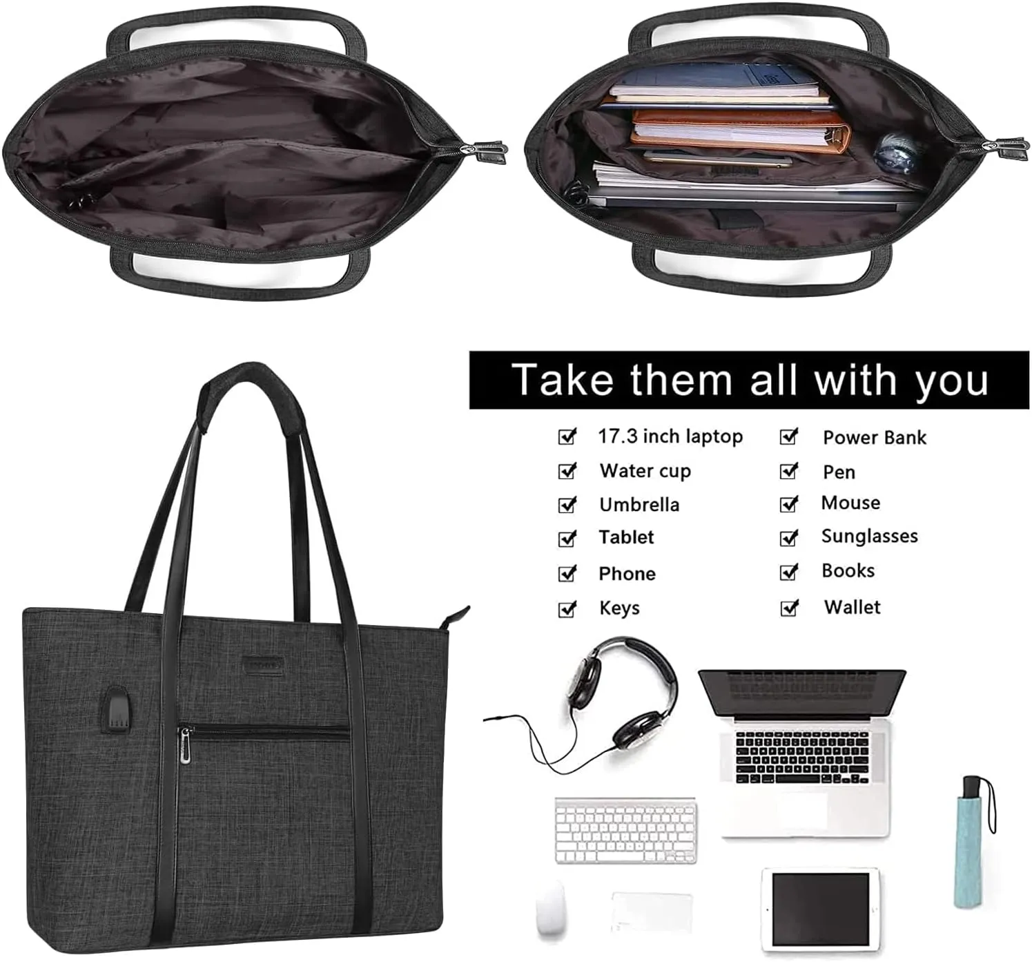 MOSISO USB Port Laptop Tote Bag for Women,Compatible with MacBook, 17-17.3 inch Notebook and Chromebook, Work Travel Business Computer Bag with Small Purse, Black