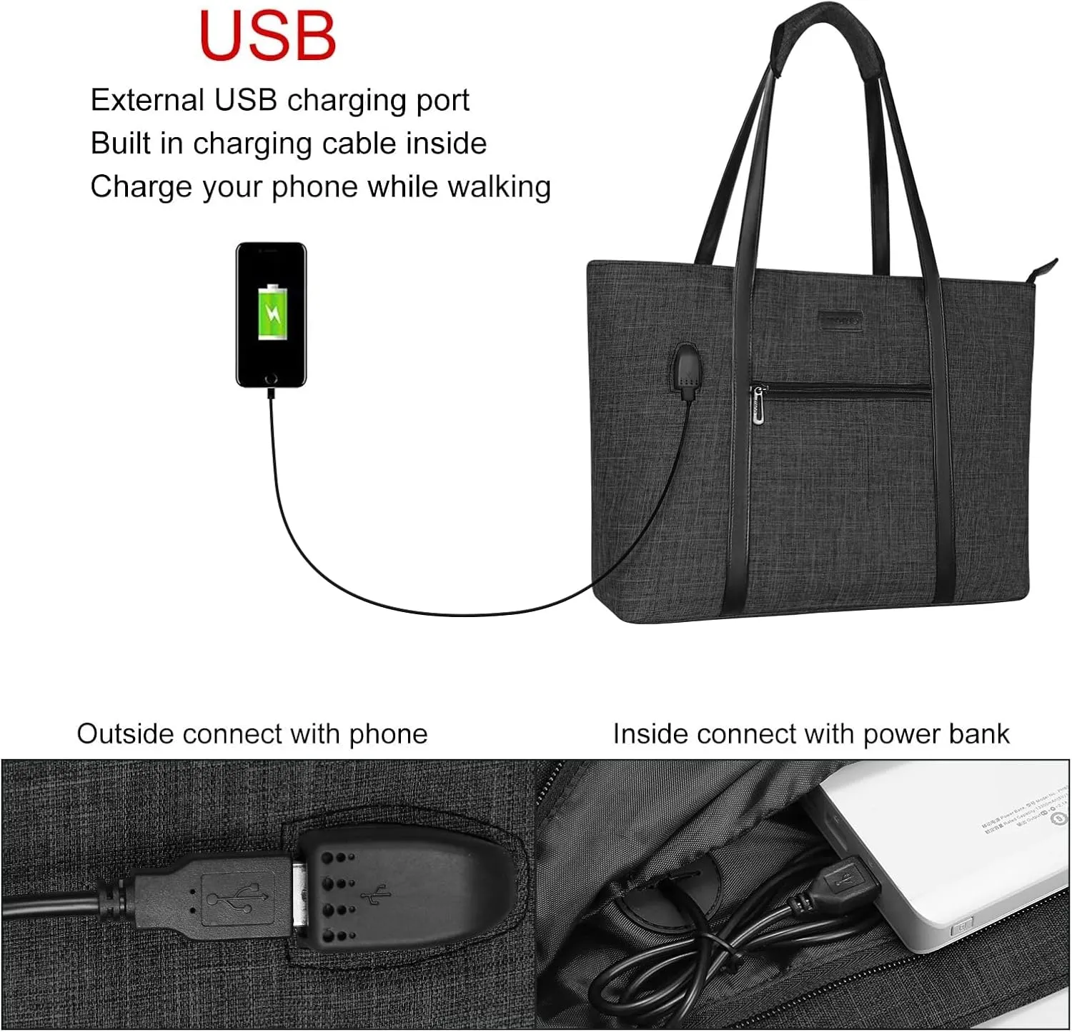 MOSISO USB Port Laptop Tote Bag for Women,Compatible with MacBook, 17-17.3 inch Notebook and Chromebook, Work Travel Business Computer Bag with Small Purse, Black