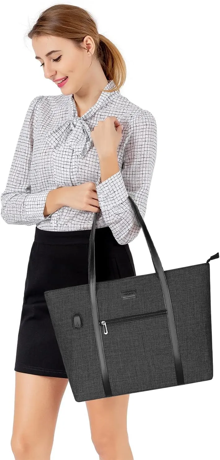 MOSISO USB Port Laptop Tote Bag for Women,Compatible with MacBook, 17-17.3 inch Notebook and Chromebook, Work Travel Business Computer Bag with Small Purse, Black