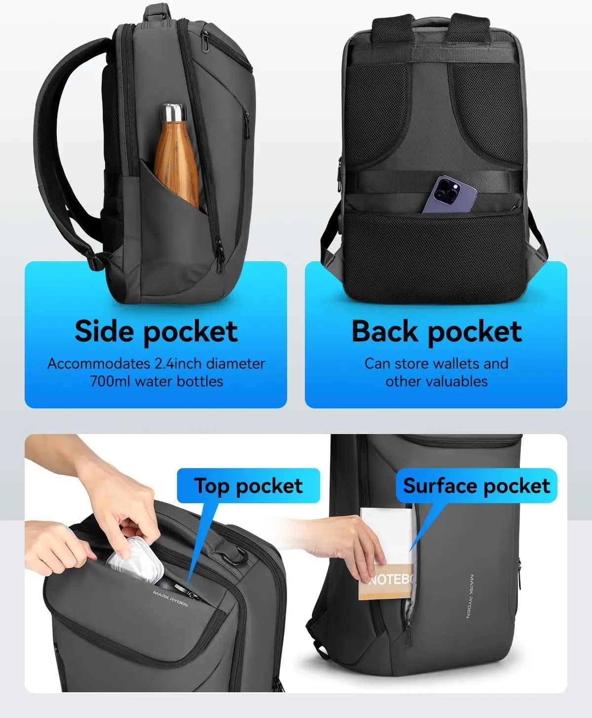Muzee Business Backpack for Men,Waterproof and Travel Laptop Backpack with USB Charging, Fits 17 Inch Laptop and Tech Gear