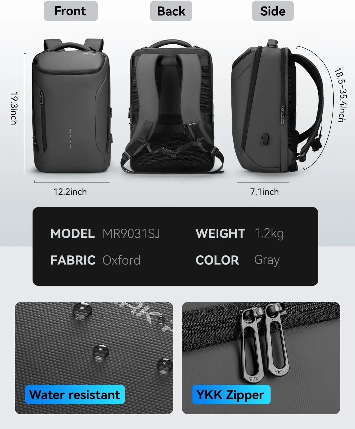 Muzee Business Backpack for Men,Waterproof and Travel Laptop Backpack with USB Charging, Fits 17 Inch Laptop and Tech Gear