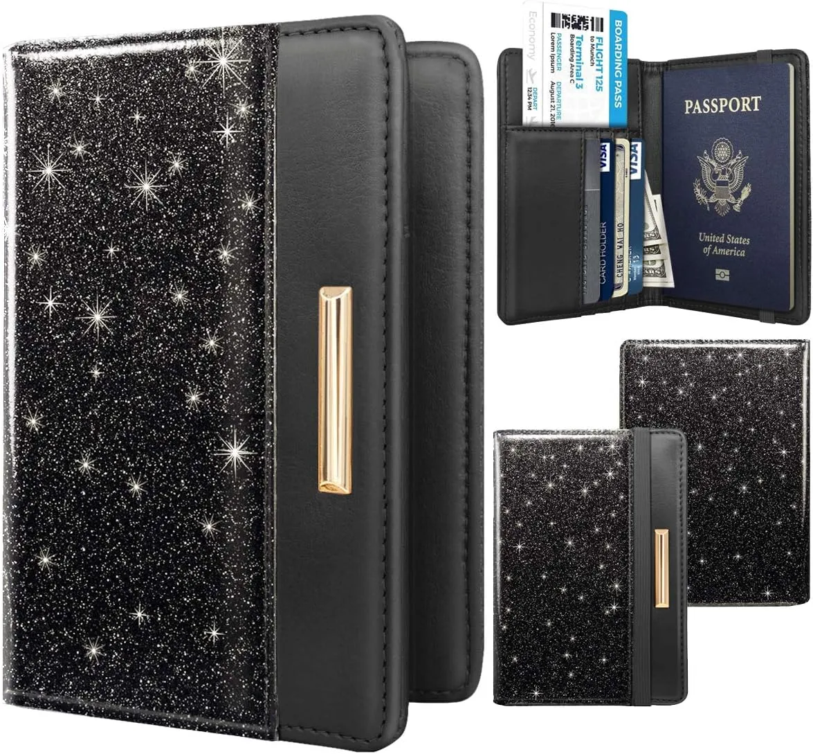 Passport Holder Cover Travel RFID Blocking Passport Cover Rose Gold Cute Flowers Passport Wallet with Elastic Band for Women