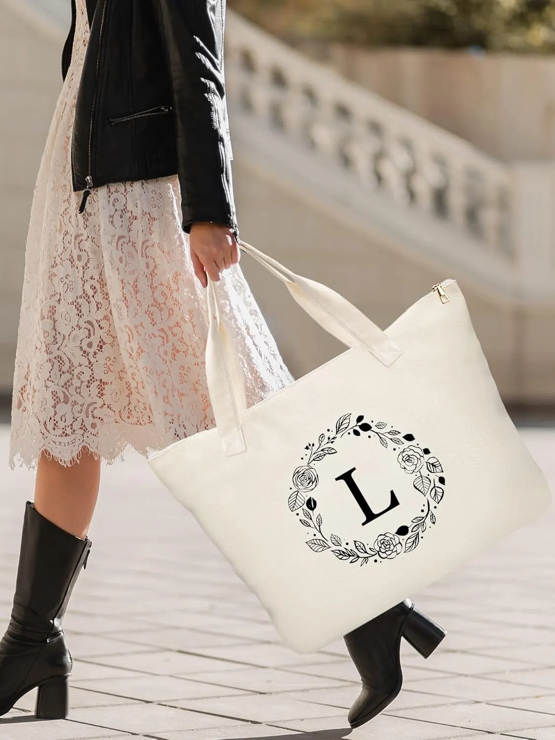 Personalized Initial Canvas Tote Bag with Zipper, Present Bag with Inner Pocket & Make Up Bag, Great Gifts for Women, Mom, Teachers, Friends, Bridesmaids