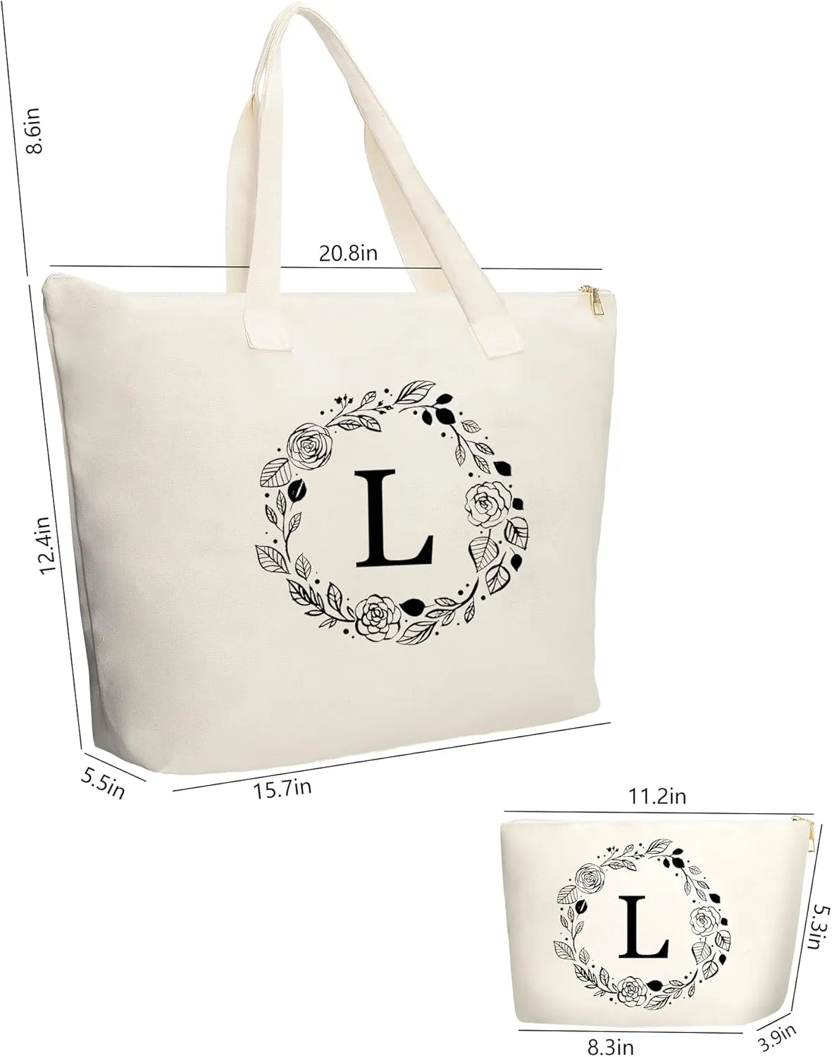 Personalized Initial Canvas Tote Bag with Zipper, Present Bag with Inner Pocket & Make Up Bag, Great Gifts for Women, Mom, Teachers, Friends, Bridesmaids