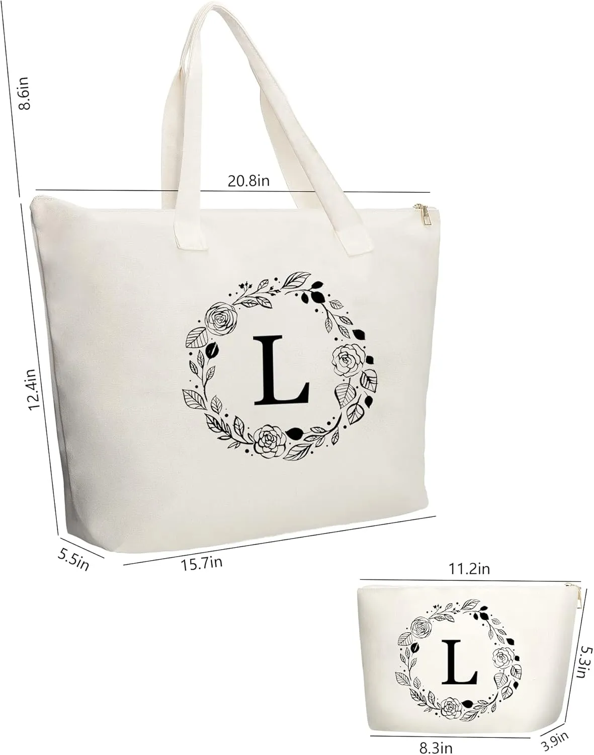 Personalized Initial Canvas Tote Bag with Zipper, Present Bag with Inner Pocket & Make Up Bag, Great Gifts for Women, Mom, Teachers, Friends, Bridesmaids