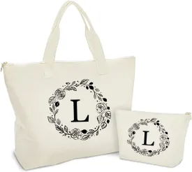 Personalized Initial Canvas Tote Bag with Zipper, Present Bag with Inner Pocket & Make Up Bag, Great Gifts for Women, Mom, Teachers, Friends, Bridesmaids