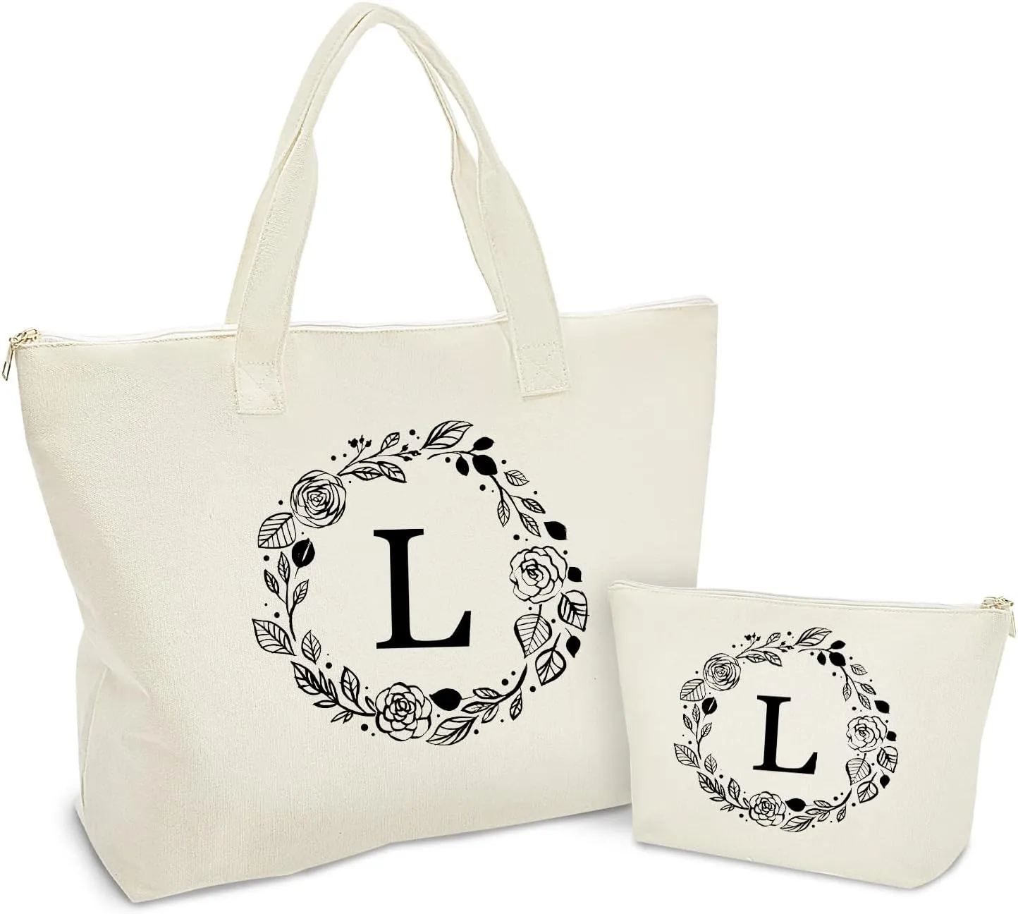 Personalized Initial Canvas Tote Bag with Zipper, Present Bag with Inner Pocket & Make Up Bag, Great Gifts for Women, Mom, Teachers, Friends, Bridesmaids