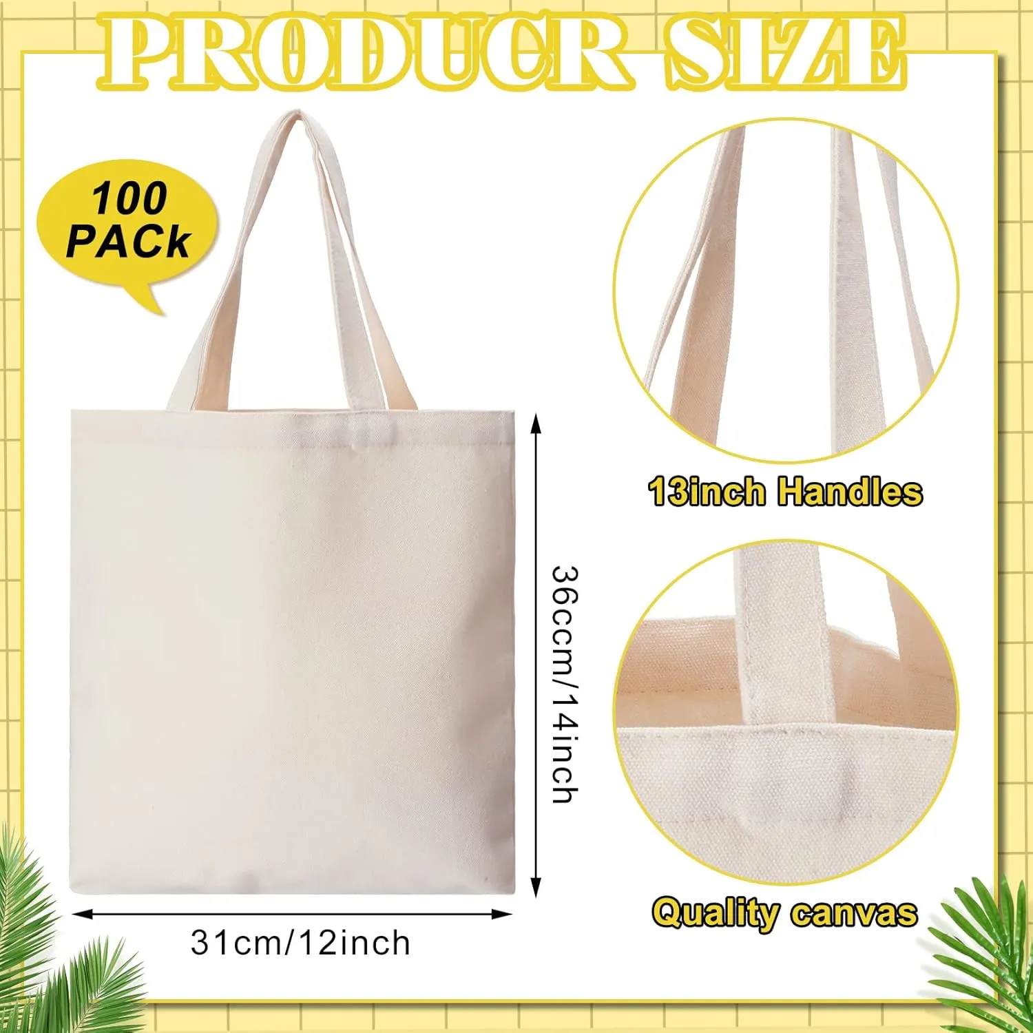 Pinkunn 100 Pcs Canvas Bags Bulk - Natural Cotton Bags with Handles Plain Polyester for Crafting DIY
