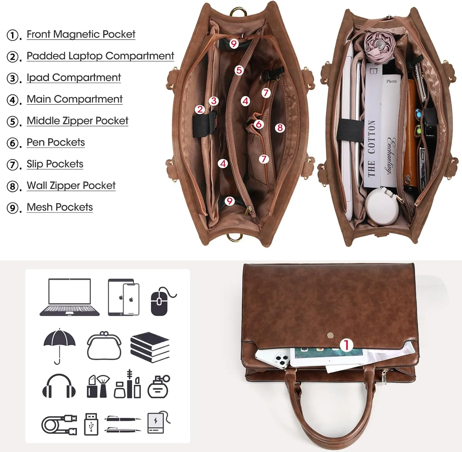 Rainsmore Women's 15.6 Inch Laptop Tote, Leather Work Bag, Waterproof, Large Capacity, Vintage Brown