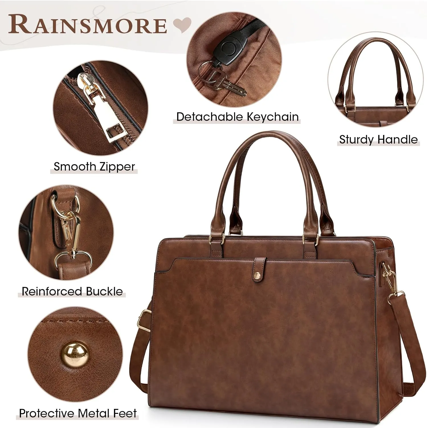 Rainsmore Women's 15.6 Inch Laptop Tote, Leather Work Bag, Waterproof, Large Capacity, Vintage Brown