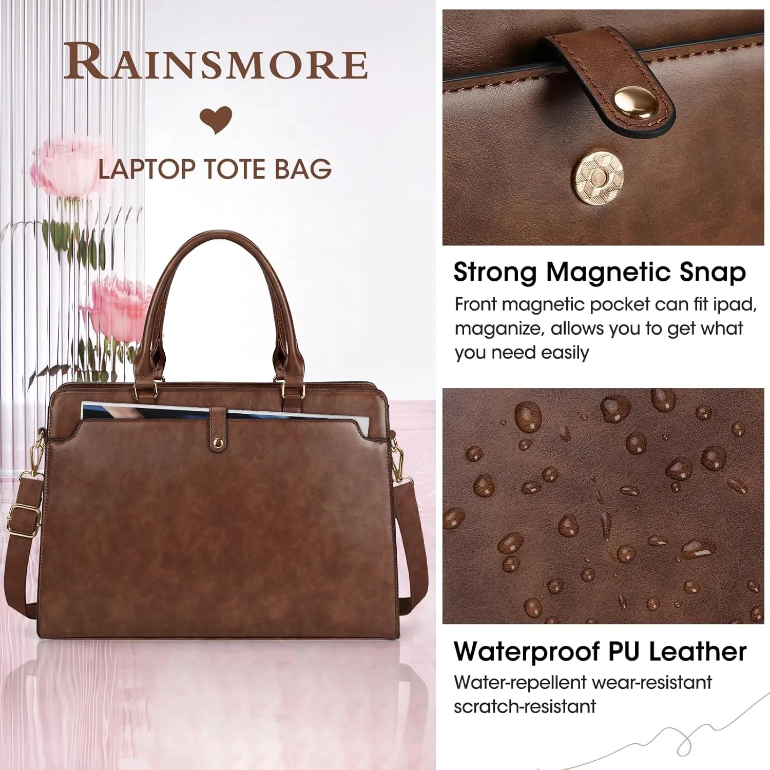 Rainsmore Women's 15.6 Inch Laptop Tote, Leather Work Bag, Waterproof, Large Capacity, Vintage Brown