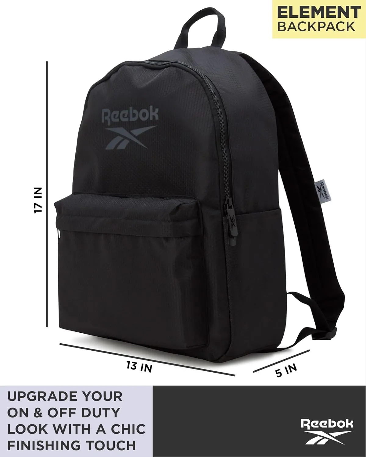 Reebok Element Backpack - Lightweight Compact Everyday Carry On Work, Gym, or Travel Backpack for Men and Women, Black Element with Grey Logo