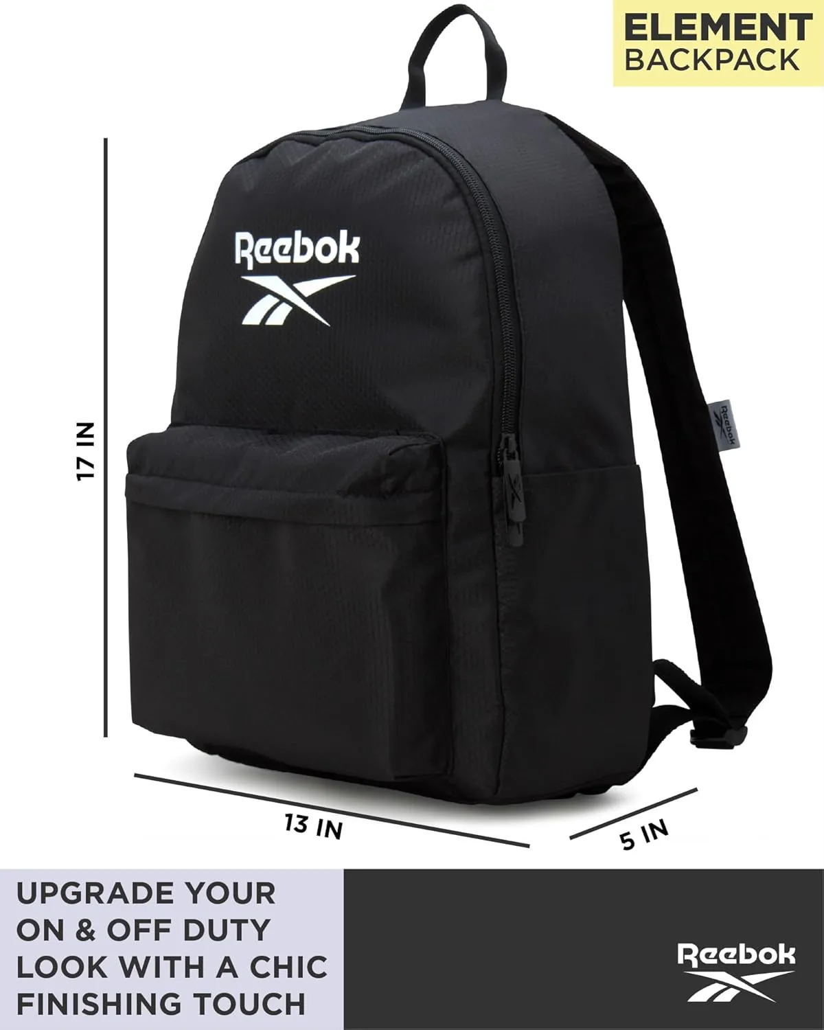 Reebok Element Backpack - Lightweight Compact Everyday Carry On Work, Gym, or Travel Backpack for Men and Women, Black Element with White Logo