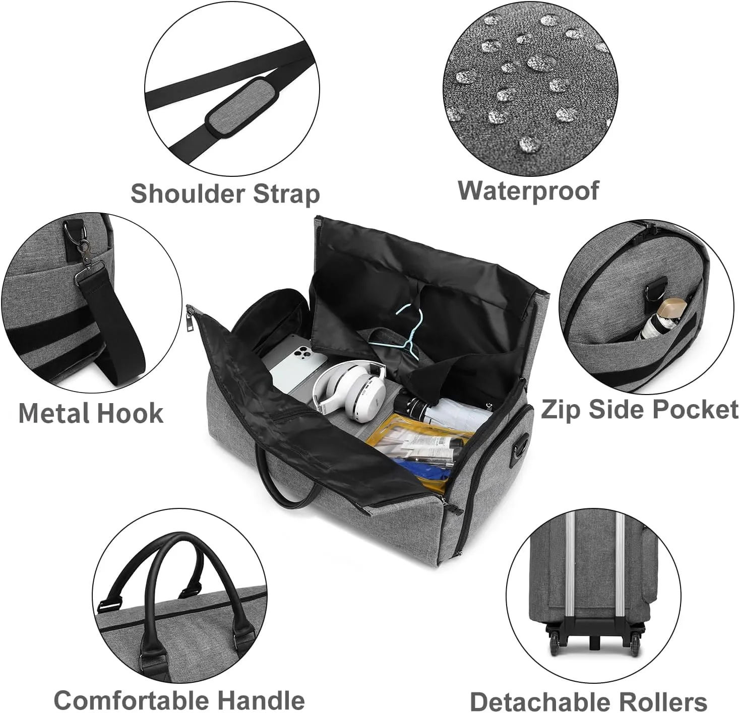Rolling Garment Bag,Rolling Duffle Bag with Wheels Rolling Garment Bags for Travel with Shoe Pouch Carry On Bag Weekender Bags Garment Duffel Bag for Women-Grey