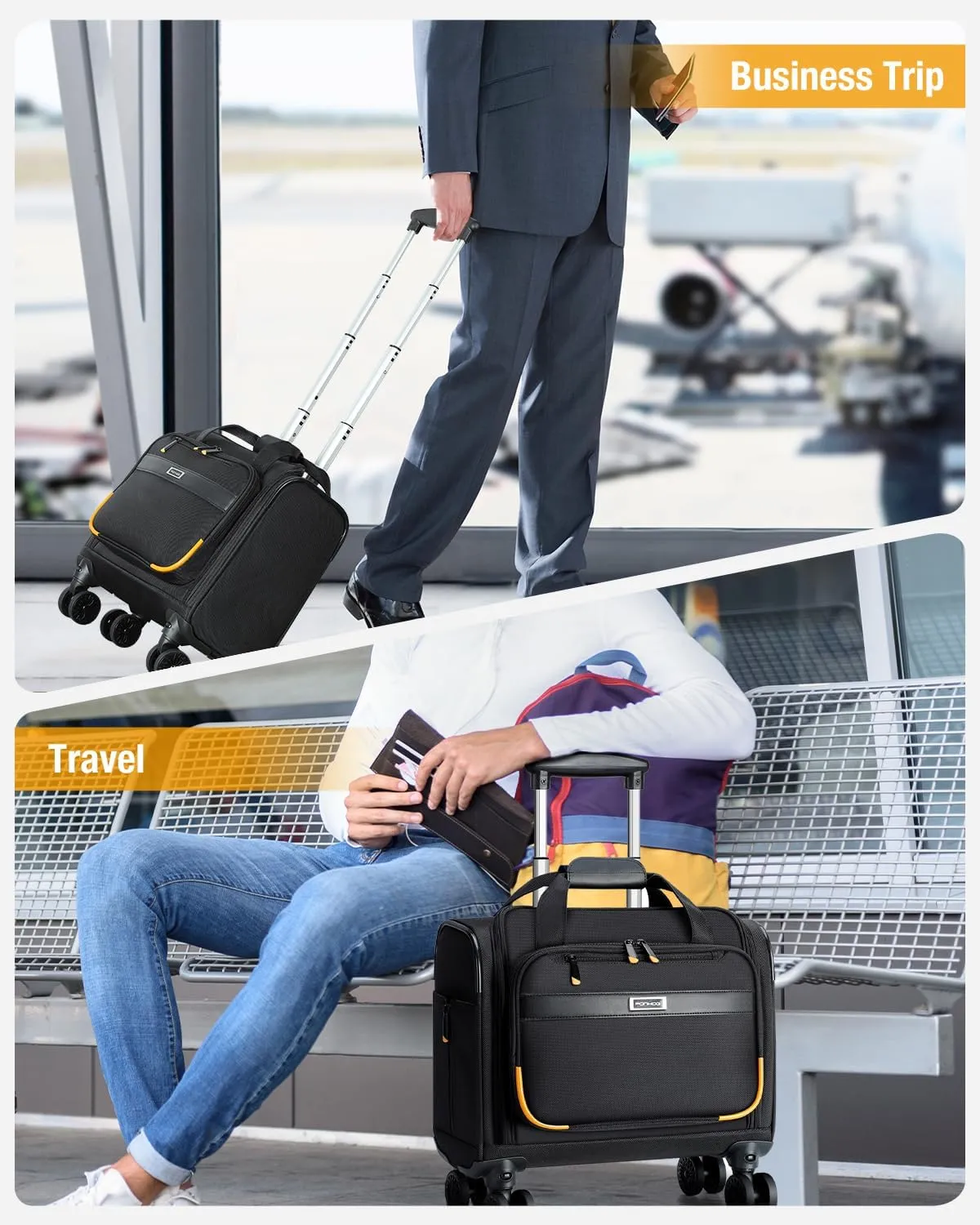 Rolling Laptop Bag, Rolling Briefcase with 4 Spinner Wheels, 14 Inch 1680D Nylon Water Resistant Computer Bag for Men and Women Work Travel, Black