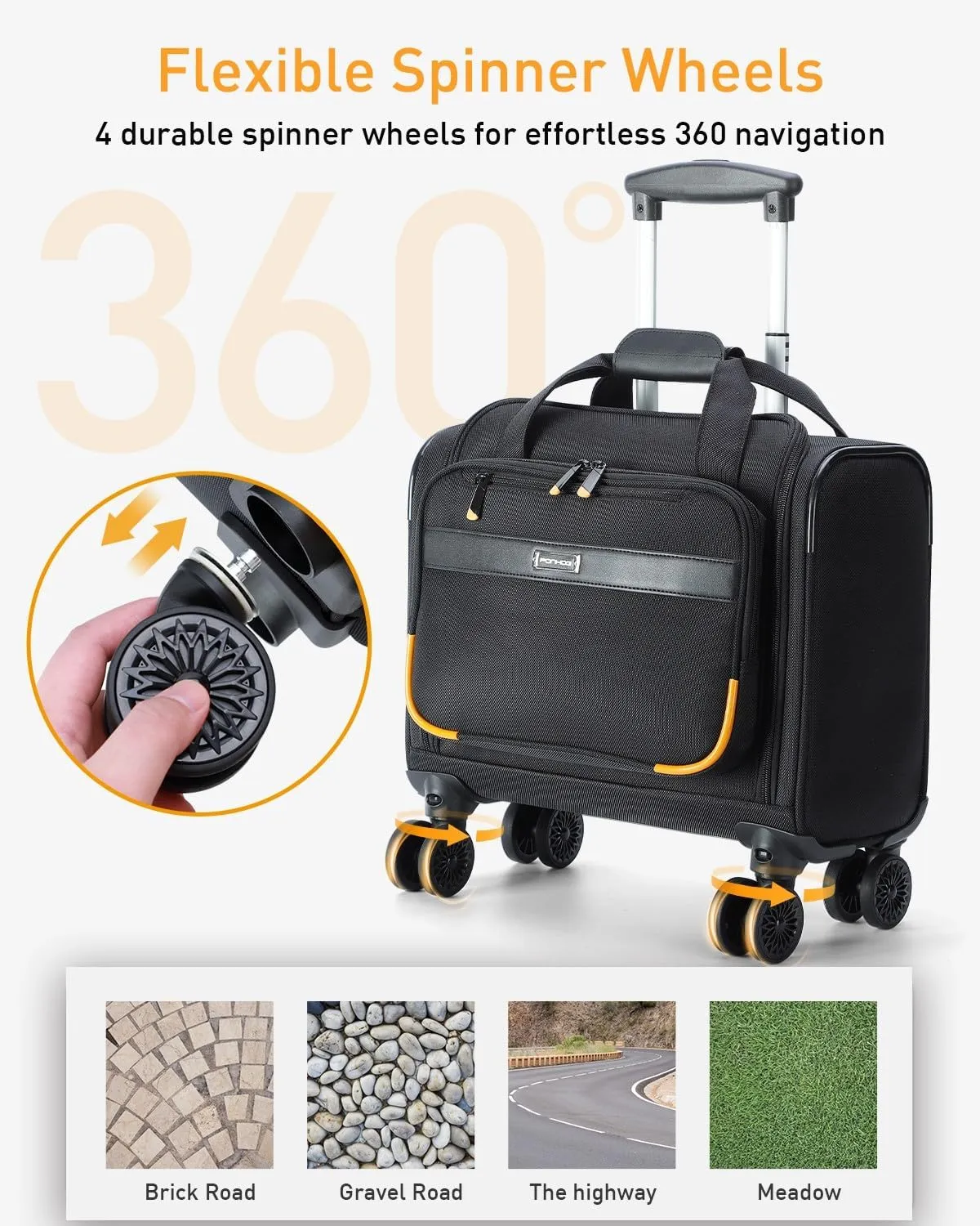 Rolling Laptop Bag, Rolling Briefcase with 4 Spinner Wheels, 14 Inch 1680D Nylon Water Resistant Computer Bag for Men and Women Work Travel, Black