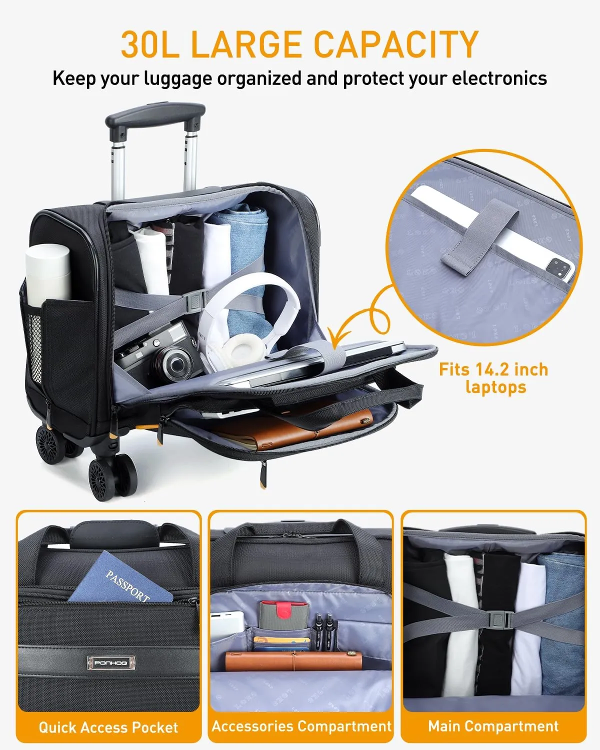 Rolling Laptop Bag, Rolling Briefcase with 4 Spinner Wheels, 14 Inch 1680D Nylon Water Resistant Computer Bag for Men and Women Work Travel, Black