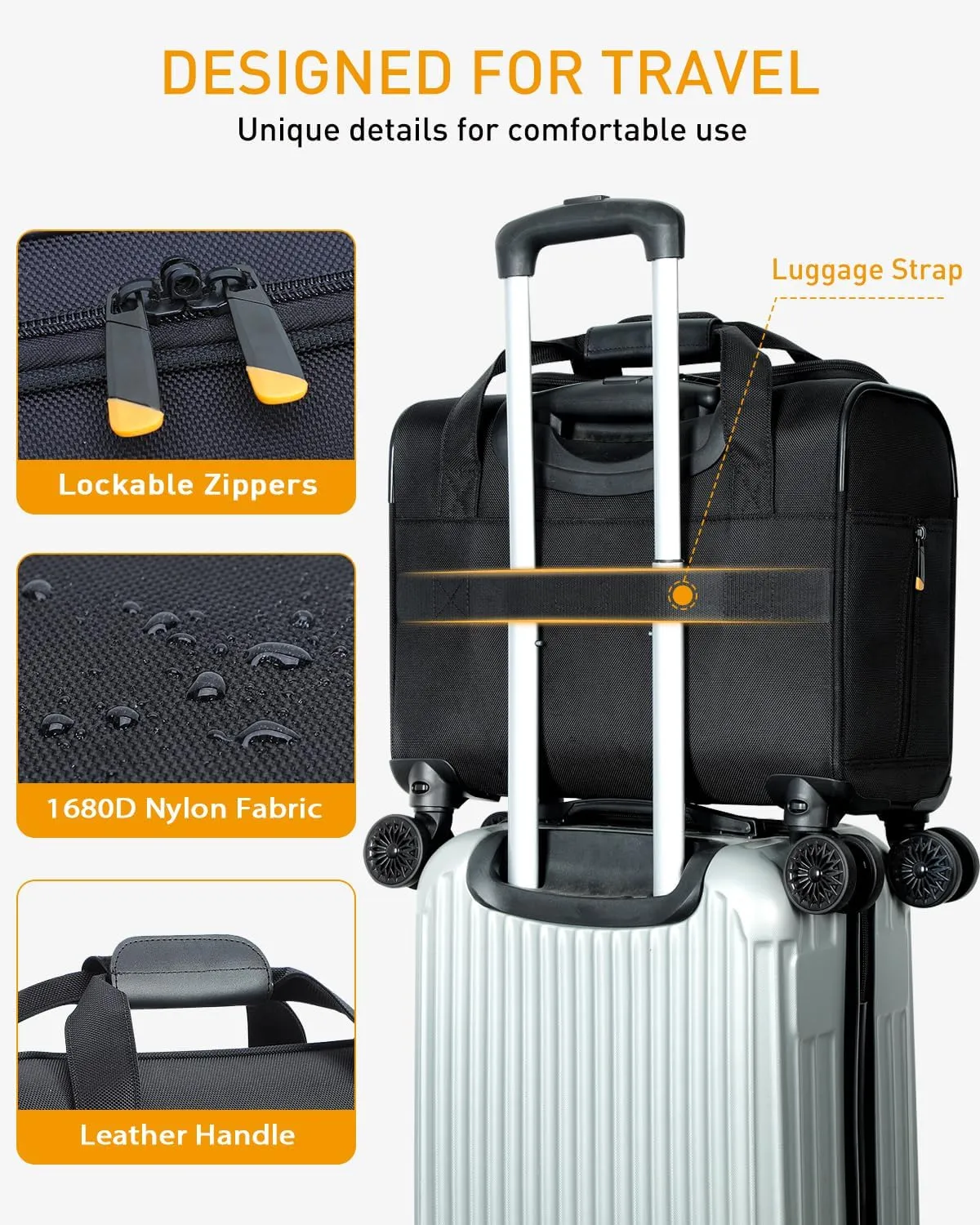 Rolling Laptop Bag, Rolling Briefcase with 4 Spinner Wheels, 14 Inch 1680D Nylon Water Resistant Computer Bag for Men and Women Work Travel, Black
