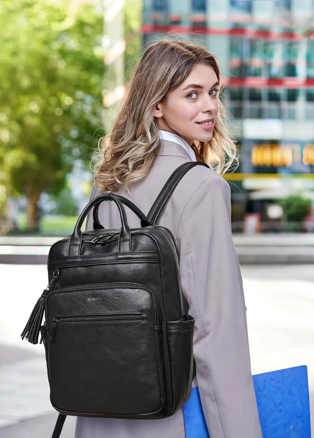 Shrrie Laptop Backpack for Women 15.6 inch Travel Leather Backpack Purse Work Computer Backpacks for Business College Black
