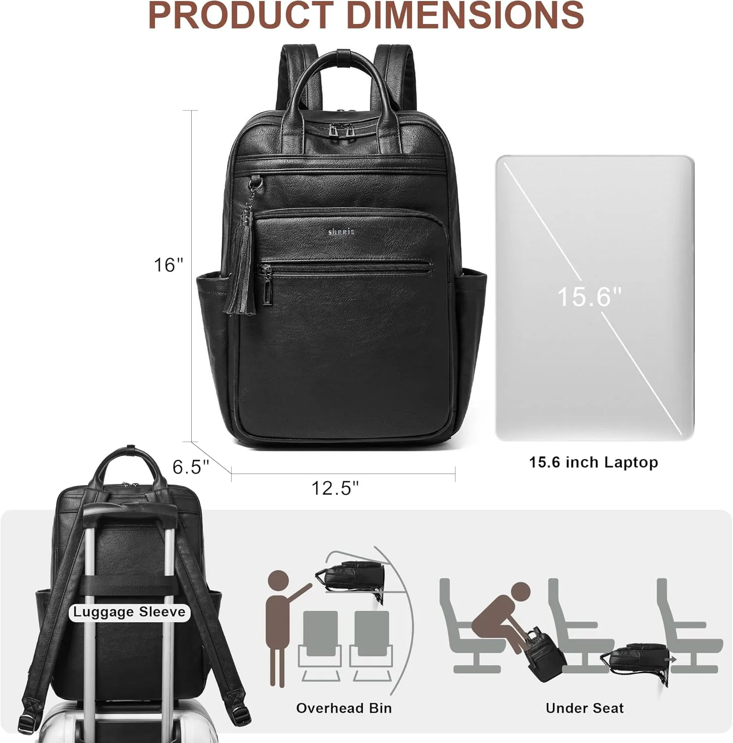 Shrrie Laptop Backpack for Women 15.6 inch Travel Leather Backpack Purse Work Computer Backpacks for Business College Black