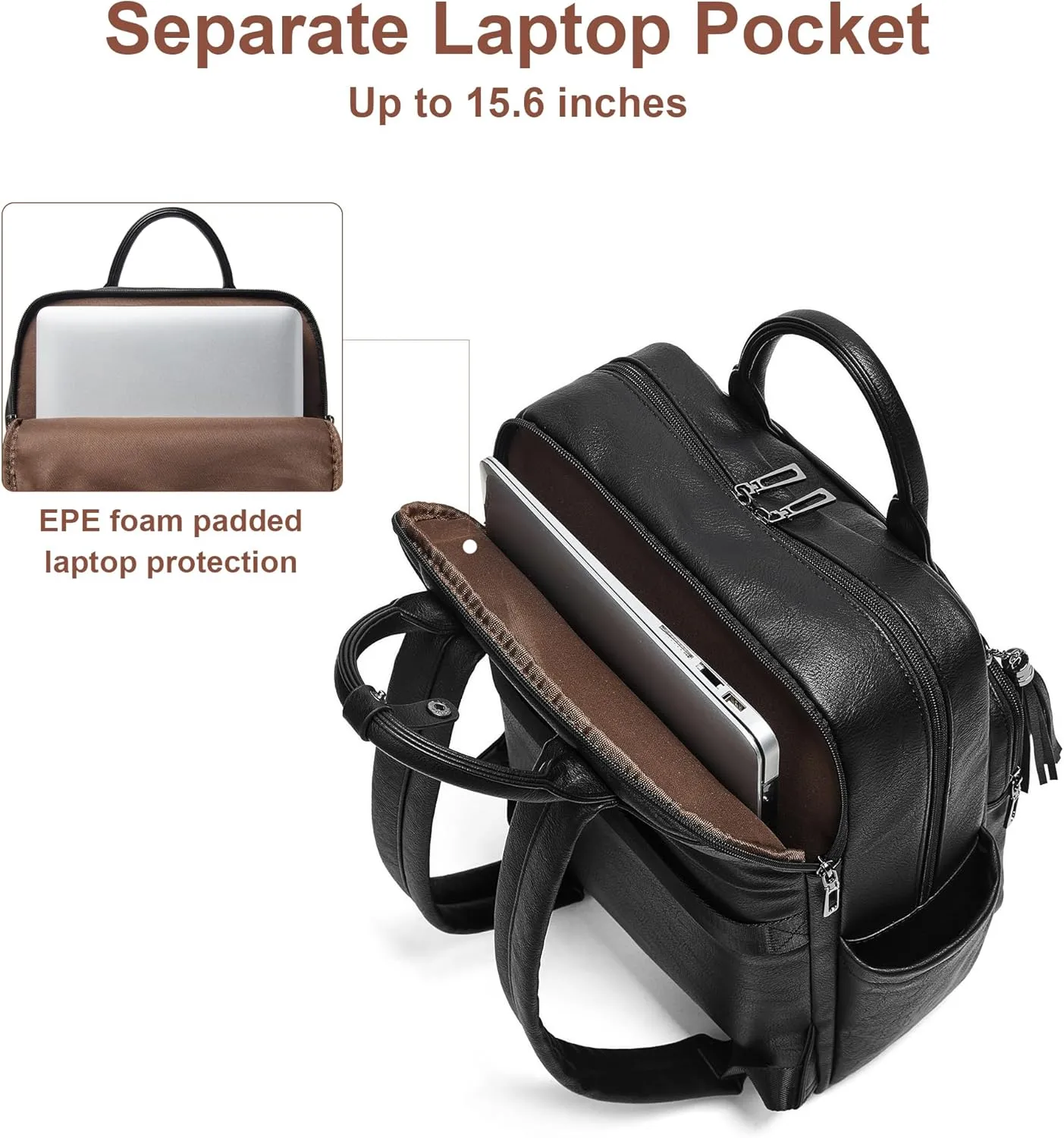 Shrrie Laptop Backpack for Women 15.6 inch Travel Leather Backpack Purse Work Computer Backpacks for Business College Black